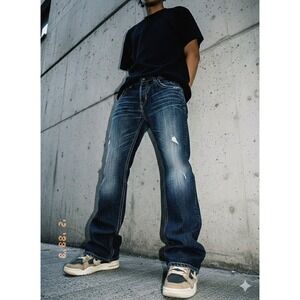 Mek Denim New York Bootcut Jeans Mens 37x30 Distressed Dark Wash Flap Pocket Y2K